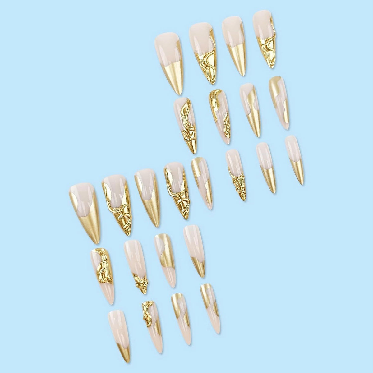 Press on Nails - Long Stiletto Fake Nails with Gold Chrome, Acrylic 3D Gel Design 24 Pcs