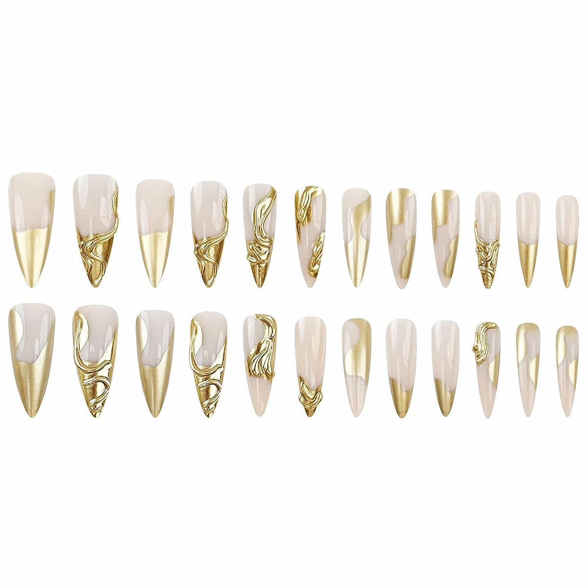 Press on Nails - Long Stiletto Fake Nails with Gold Chrome, Acrylic 3D Gel Design 24 Pcs
