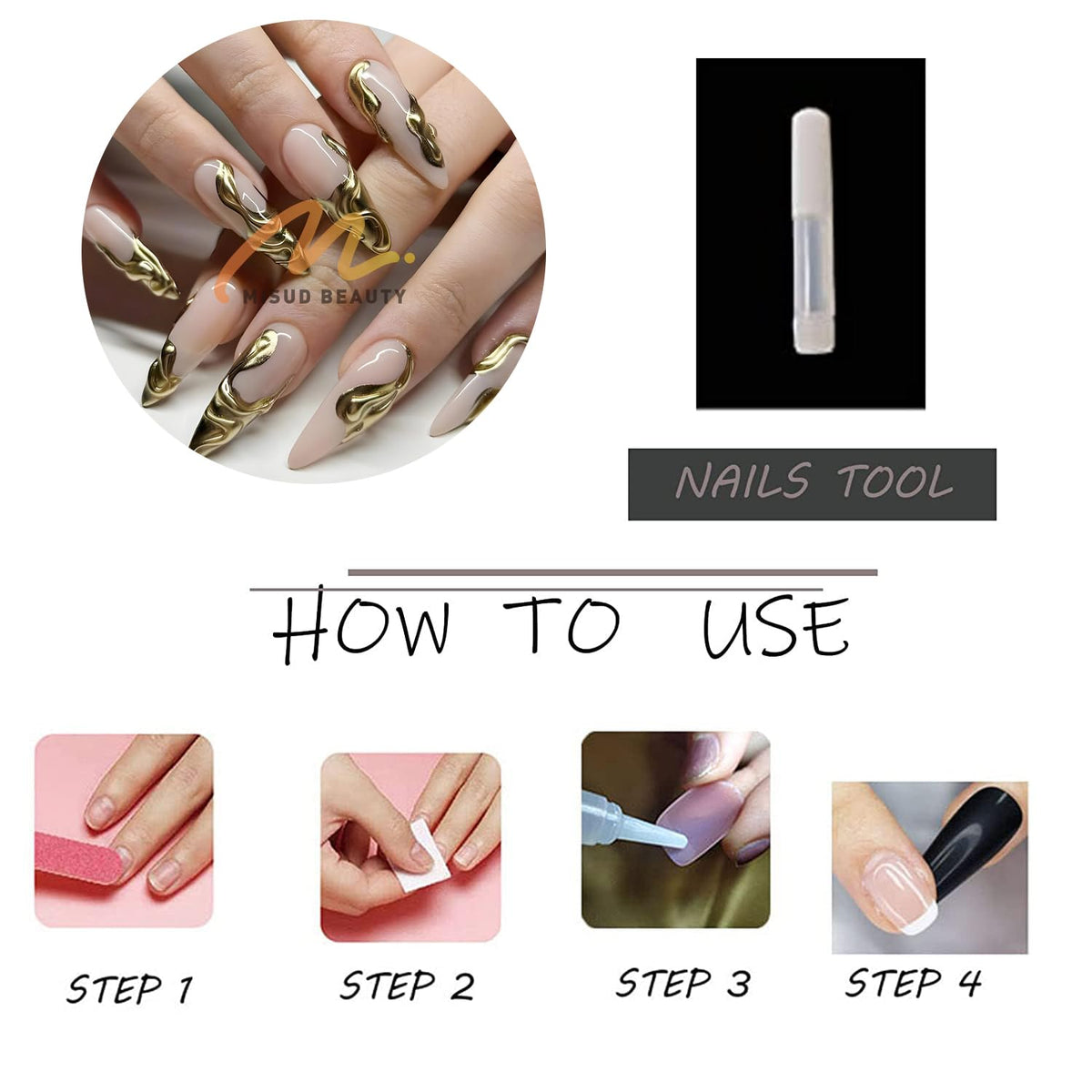 Press on Nails - Long Stiletto Fake Nails with Gold Chrome, Acrylic 3D Gel Design 24 Pcs